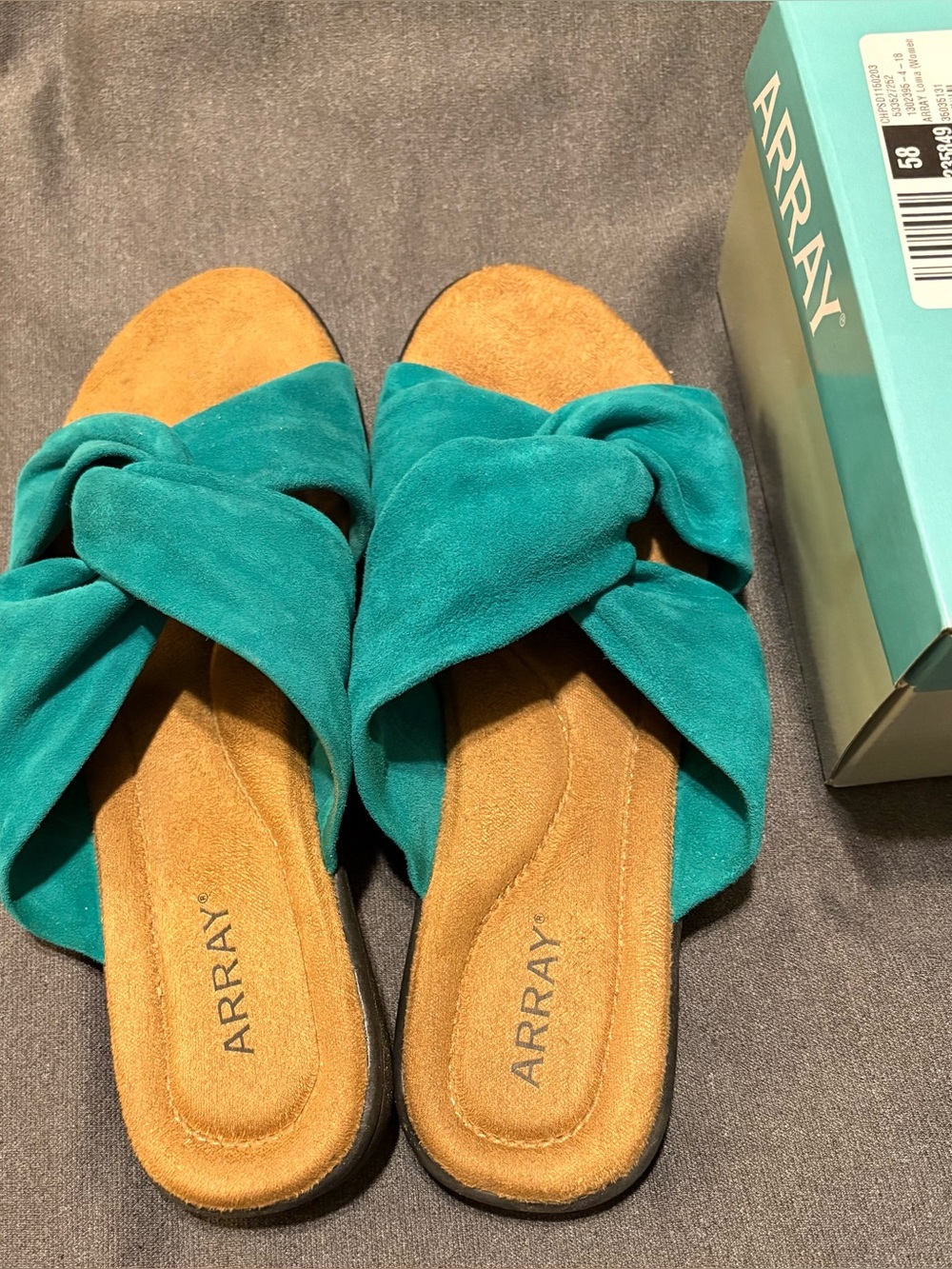 ARRAY Teal Suede Knot Slide Sandals with Tan Footbed